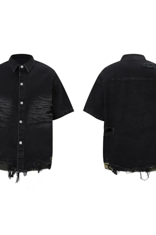 Fashionable Cut-Edge Stitching Leopard Print Japanese Style Denim Shirt and Shorts Sets Men’s Casual  Half-Sleeved Clothing Suit