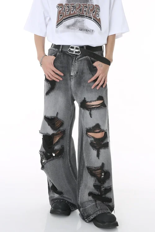 2025 Summer New High Street Men’s Clothing Hole Beggar’s Hip Hop Wide Mop Denim Pants Woven Loose Fit Washed Technics Jeans