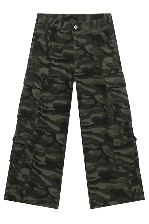 2025 Men’s Casual High Waist Straight Draped Washed Jeans Autumn Camouflage Multi-Flap Pocket Pants Solid Pattern Denim Fabric