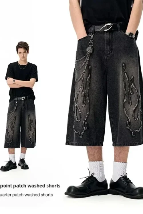 Men’s Baggy Pants 2025 Spring Summer Collection Retro American Casual Shorts Three-Point Patch Washed Jeans Knitted Weave