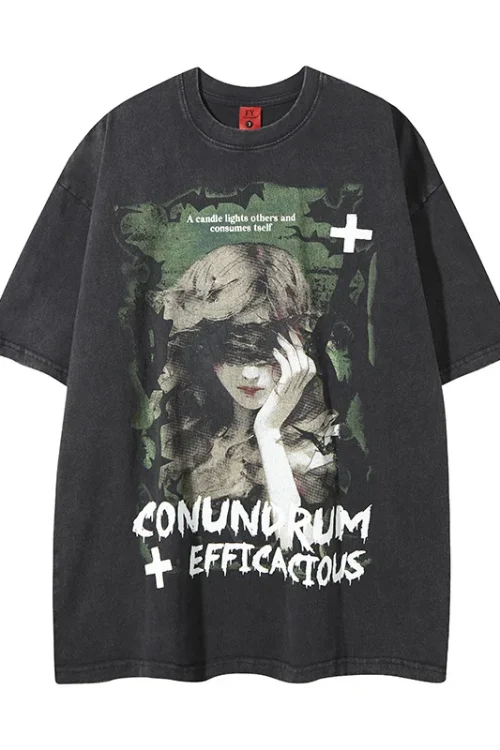 High Street Trendy Distressed Washed 100% Cotton T-Shirt Loose Fit Top Men’s Short Sleeves Girl Pattern Printed O-Neck T-Shirt