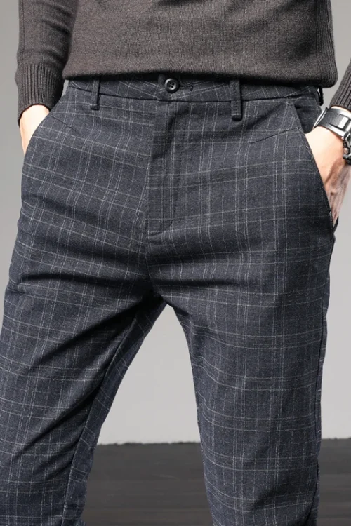 Cheap Price Black Grey Blue Men’s Causal British Style Slim Fit Plaid Check Chino Pants Trousers for Men