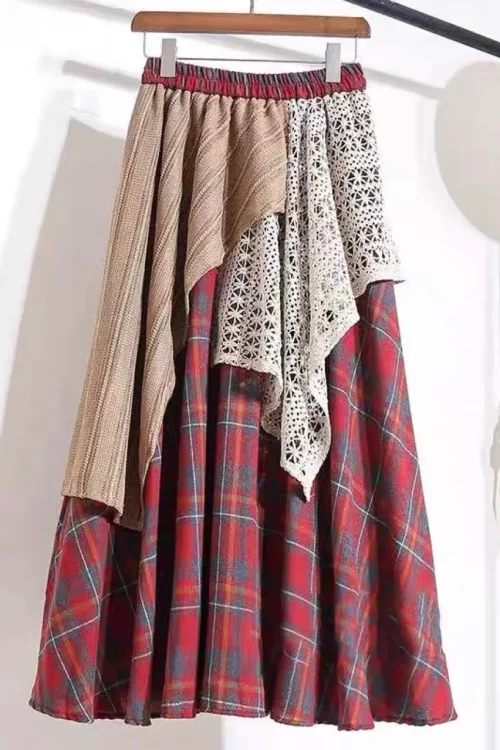 Vintage Ethnic Style Women’s Mid-Length Plaid Patchwork Half Skirt High Waist Autumn Season Natural Waistline