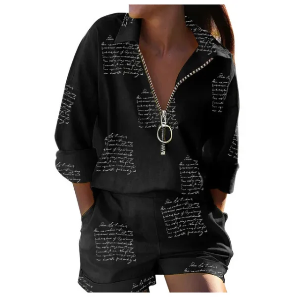 New Women's Casual 2-Piece Shorts Set Long-Sleeved Printed Zipper - Image 4