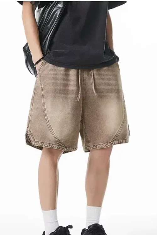 New American Retro Workwear Shorts for Men Five-Point Split Cut Design Washed Vintage Denim Summer Trendy Knitted
