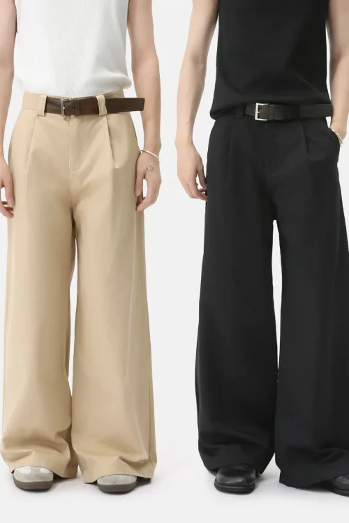 2025 Men’s Casual Fashion Unique Belt Buckle Design High-End Solid Color Lightweight Loose Draped Flat Floor-Length
