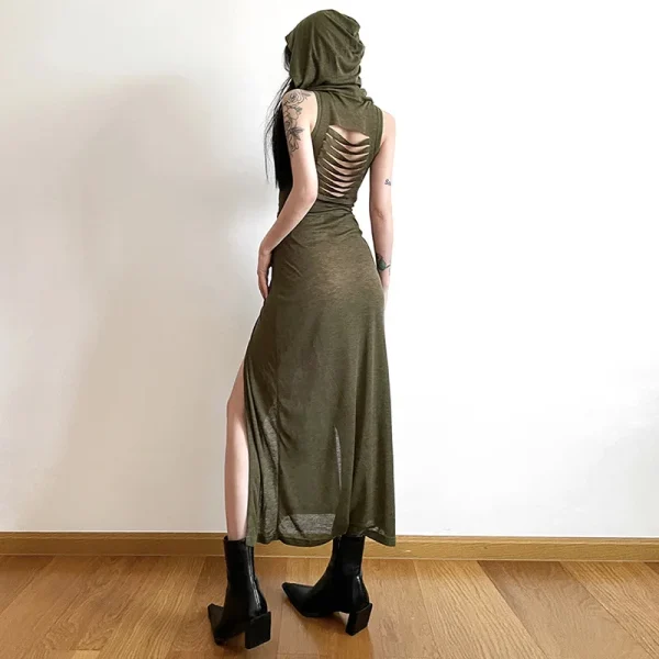 2025 Summer European American Trendy Women's Dress New Hooded Loose Hem Slit Solid Pattern Casual Style Front Natural - Image 4