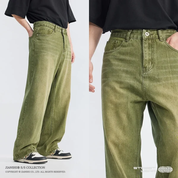 2025 Vintage Green Denim Jeans for Men Mid-Waist Straight Cut Slimming Loose Wide-Leg Casual Pants Floor-Length Medium - Image 3