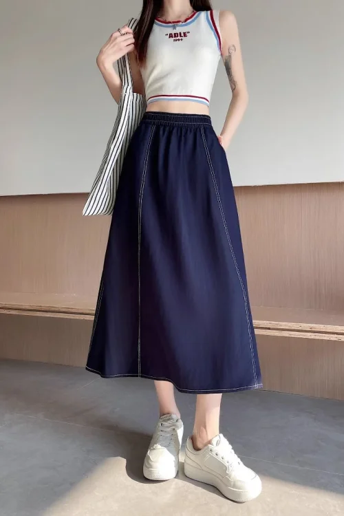 Summer Vintage Versatile Korean Style A-Line Skirt Midi College Wind Stitched Decoration Slimming Loose Pocket Denim New