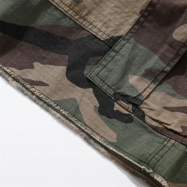 Men's Summer Cargo Shorts Casual Camouflage Pattern Multi-Pocket Pants Zipper Fly Raw Edge Distressed Frayed Knitted Men Shorts - Image 4