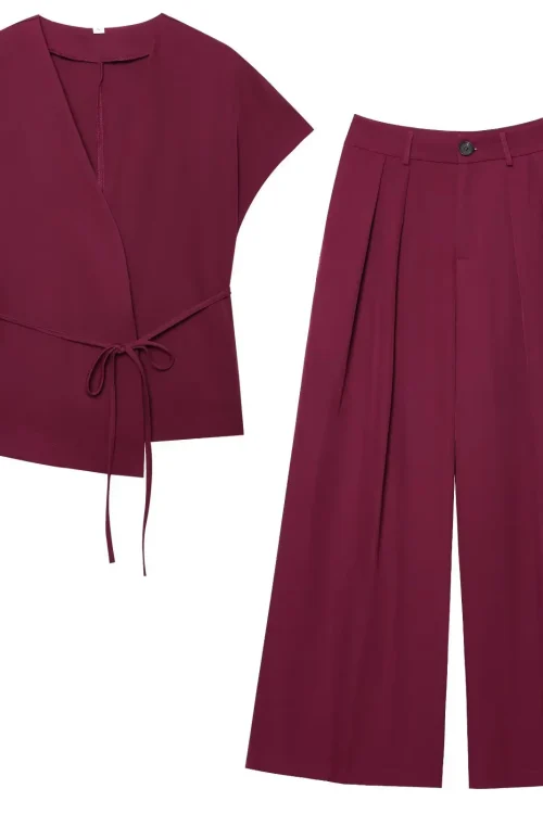 Women’s Spring Summer Casual Suit New Solid Color V-Neck Lace-Up Top