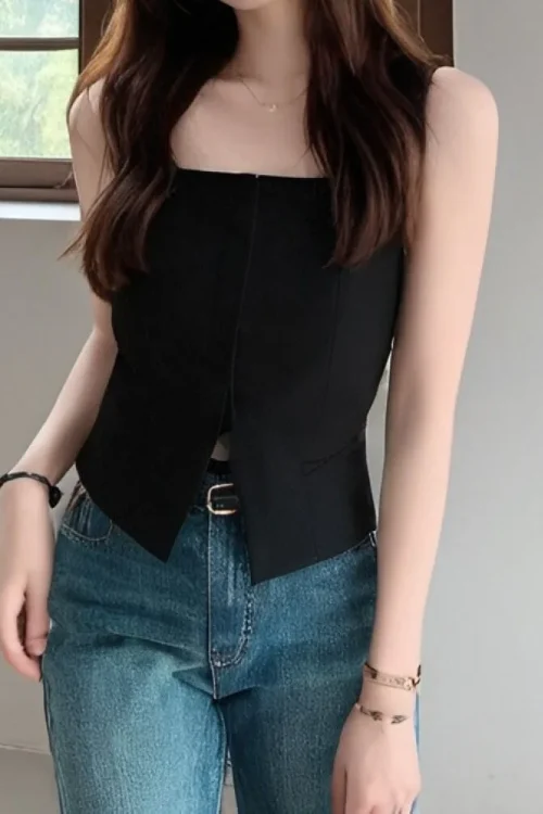 Women’s 2025 Summer Casual Sleeveless Vest with Square Neck New Design Sense Niche Hollow Out Split Fashion Top Black