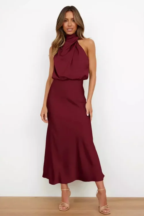 2025 European American Women’s Satin Sleeveless Dress Elegant Elegant Party Style New Fashion High-End Pure Color