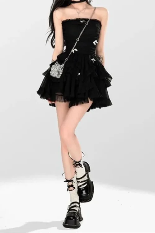 2025 New Summer French Pure Cake Dress for Women Casual Style Waist-Cinching Tube Top High-Definition Gauze Puffy Skirt Woven