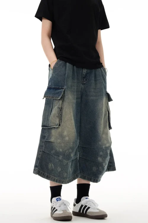 2025 Summer Unisex Loose Straight Leg Mid-Length Jeans New Multi-Pocket Pleated Cargo Spotted Washed Draping Effect Unisex Denim