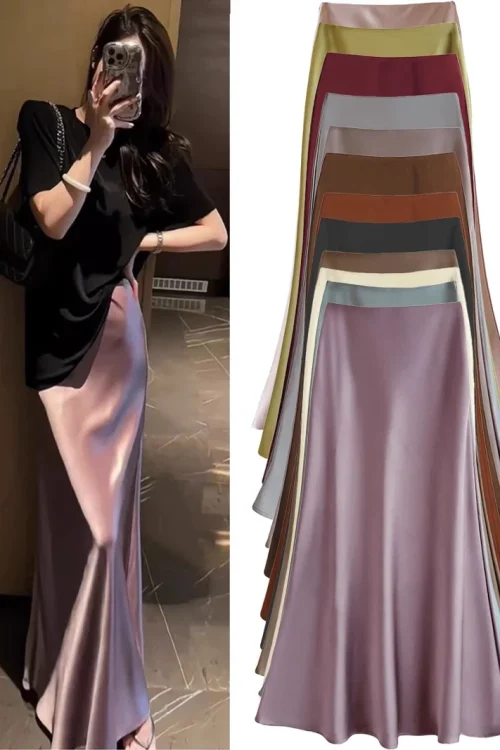Women’s High Waist A-Line Fishtail Skirt Long Satin-Draped Acetate Skirt with French Style for Spring Summer Casual Dressing