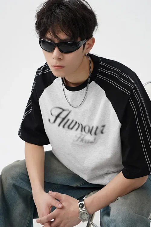 American Retro Color-Block Stitched Raglan Sleeve Short Sleeve T-Shirt for Men Summer Casual Loose New Fuzzy Dot Print 180g