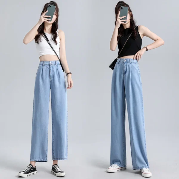 Women's High-Waisted Wide-Leg  Jeans Summer Fashion Thin Draped Style Loose Ice Silk Straight Trousers - Image 3