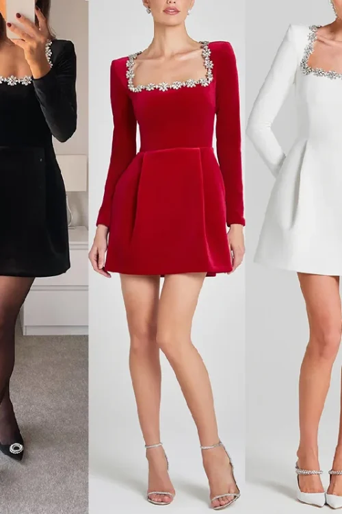 2025 European American Women’s Cross-Border Holiday Banquet Dress Velvet Slim-Fitting Diamond Fashion Long-Sleeved Hepburn Style