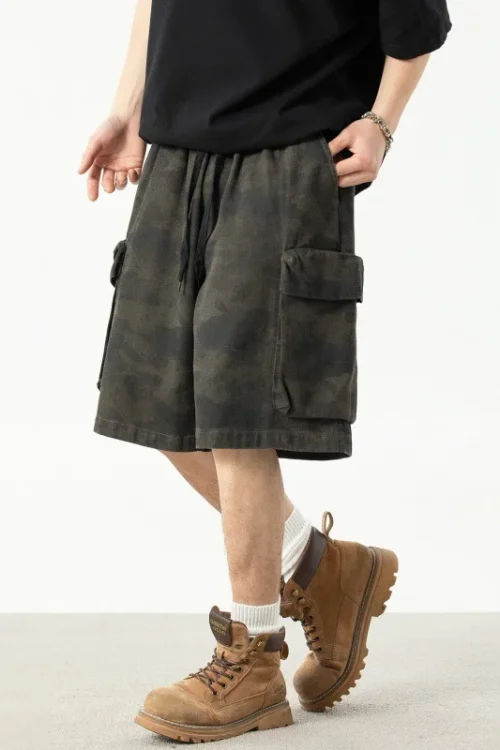 Vintage Summer Style Men’s Camouflage Cargo Shorts 100% Cotton Large Pockets Five-Point Casual Outdoor Sports Shorts Drawstring