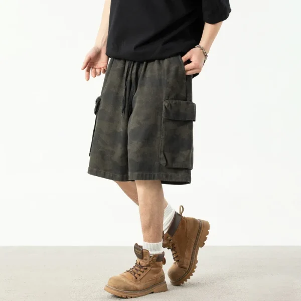 Vintage Summer Style Men's Camouflage Cargo Shorts 100% Cotton Large Pockets Five-Point Casual Outdoor Sports Shorts Drawstring
