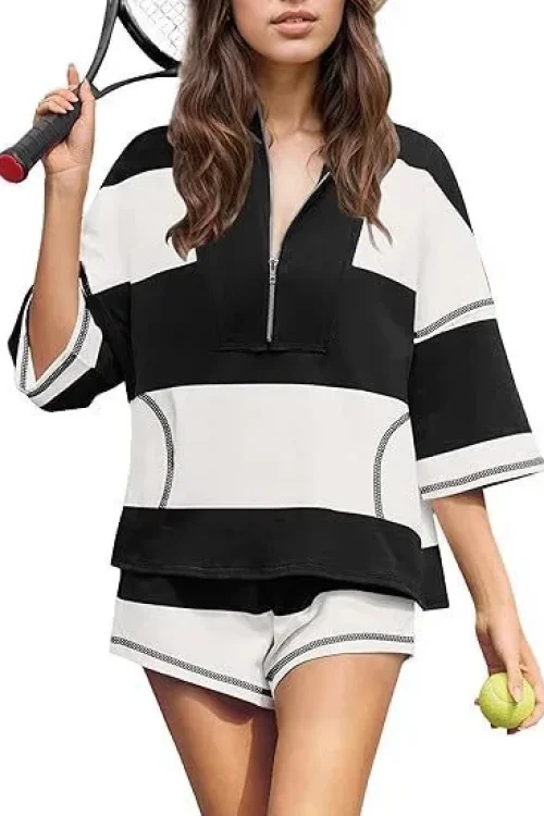 Women’s Striped Half-sleeved Oversized Shorts Casual Sportswear Two-piece Set