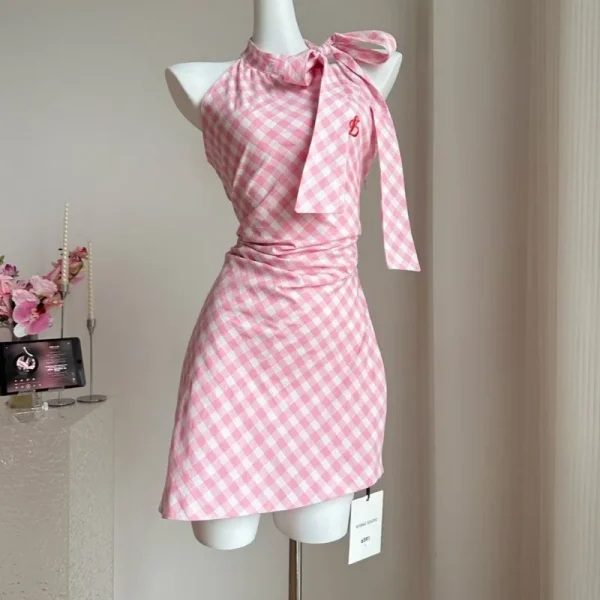 2025 Summer Trend Women's Casual Halter Neck Off-Shoulder Pink Plaid Sleeveless Dress with Irregular Bow Design Short Skirt - Image 3