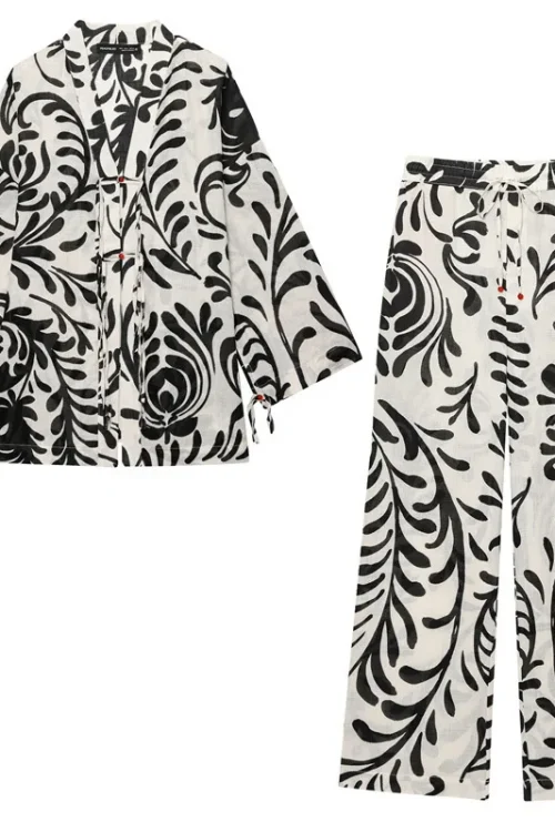 New European and American Style Printed Design Long-sleeved Top Wide-leg Pants Set