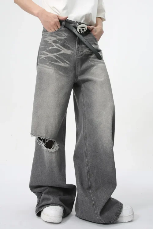 2025 Summer Men’s Fashion New Vintage Washed Distressed Straight Wide-Leg Baggy Floor-Length Jeans Gray Denim Fabric