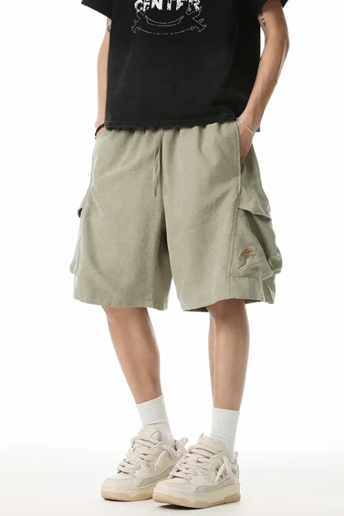 American Retro Trendy 3D Pocket Cargo Shorts for Men New Spring Summer Embroidered Casual Drawstring Five-Point Knee Length Mid