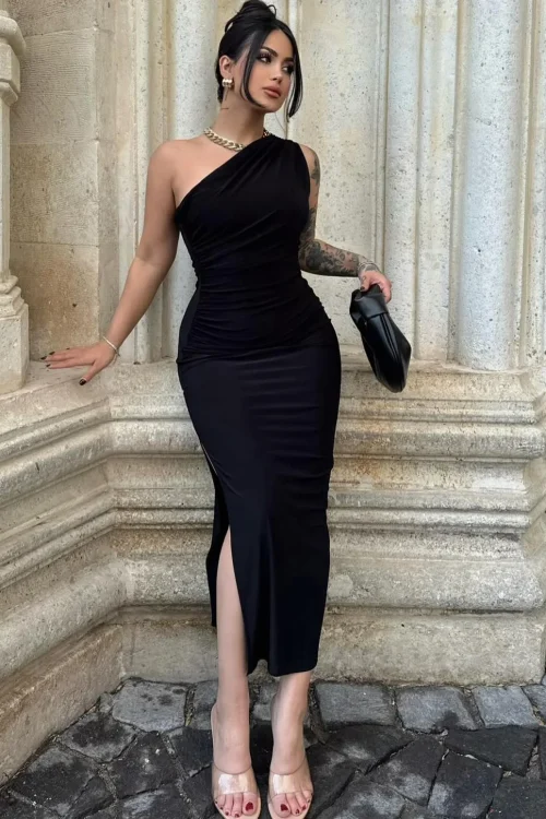 2025 Summer European American Style Cross-Border Asymmetrical Shoulder Solid Color Slit Sleeveless Elegant Slim Evening Dress