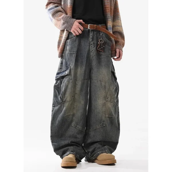2025 Spring/Autumn New Style Men's Scimitar Jeans Fashionable Wide-Leg Cargo Pants Multi-Flap Pocket Street-Made - Image 4