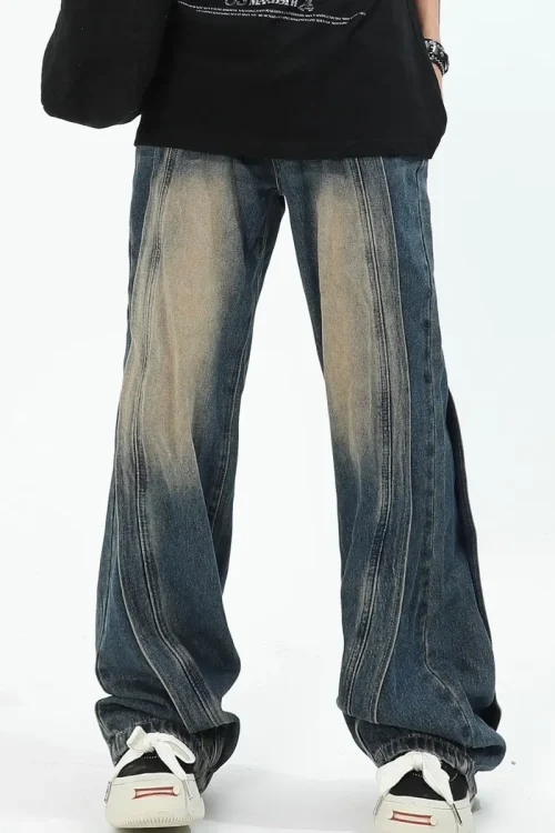 2025 Men’s Trendy Straight Pants American High-End Splicing Design Distressed Jeans Denim Loose High Street Wide-Leg Autumn