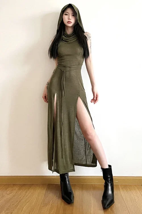 2025 Summer European American Trendy Women’s Dress New Hooded Loose Hem Slit Solid Pattern Casual Style Front Natural