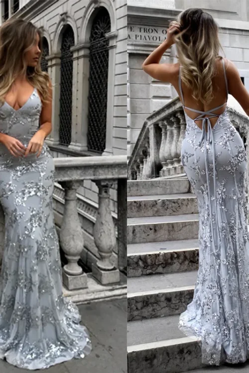 2025 New Women’s Cross-Border European and American Fashion V-Neck Backless Sequin Tie Dress with Strap for Summer