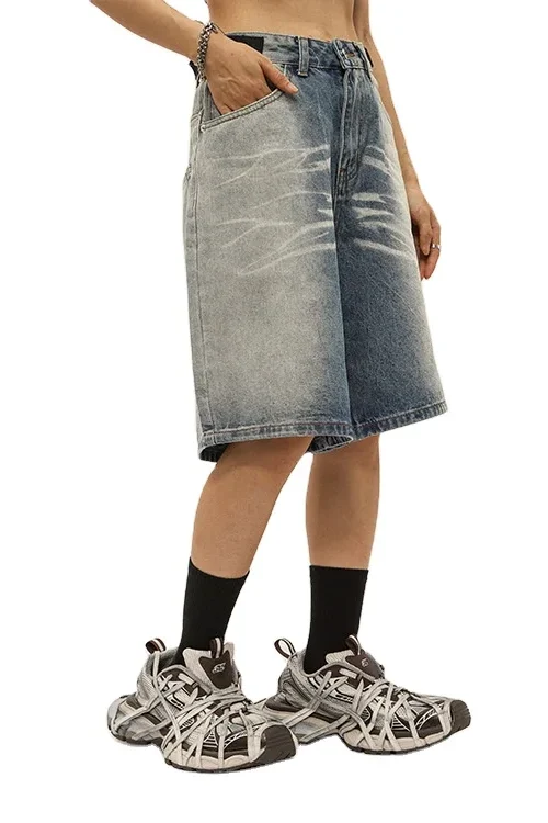 2025 Spring Summer Vintage Denim Five-Point Shorts Gradient Washed Breathable Hip Hop Style Street Jean Jorts