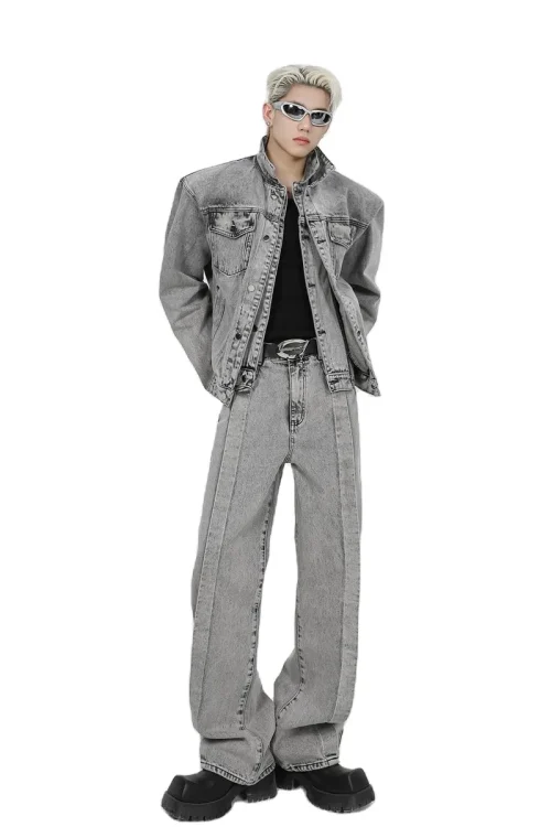 Streetwear Men’S Denim Suits Digital Fashion Shoulder Padded Denim Jacket Coats and Baggie Jeans Sets for Men
