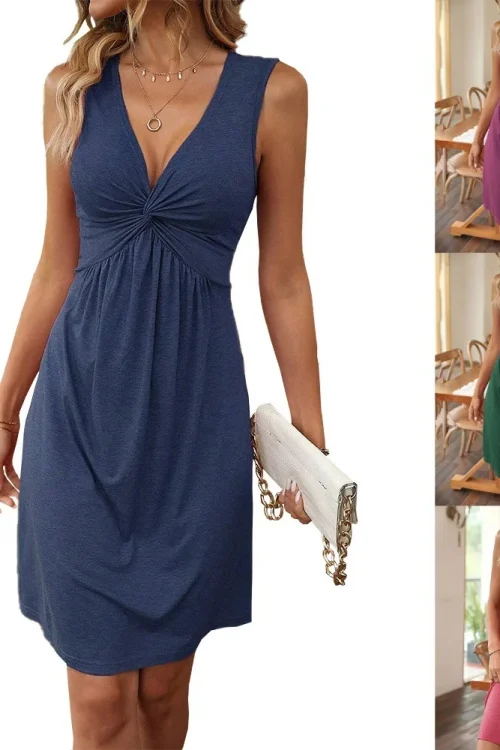 2025 Summer Casual Dress European American Sleeveless V-Neck Design Chest Twist Pleated Waist Solid