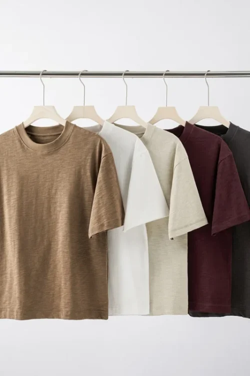 Men’s Fashion Heavyweight Slub Cotton Short Sleeve T-Shirt Loose Fit Summer Solid Color 100% Cotton 300 GSM