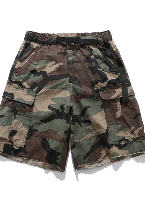 Men’s Summer Cargo Shorts Casual Camouflage Pattern Multi-Pocket Pants Zipper Fly Raw Edge Distressed Frayed Knitted Men Shorts