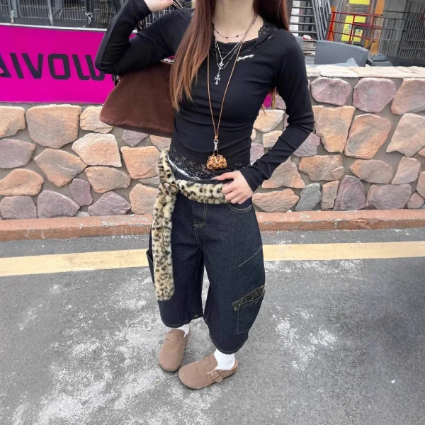2025 European American Hiphop Street Pants Leopard Print Splicing Scimitar Jeans Embroidered Wide-Leg Cargo Pants Waist - Image 3