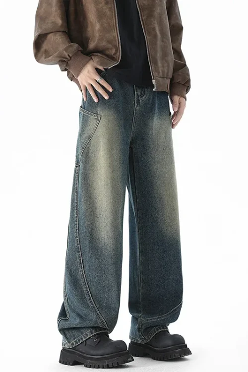 2025 Men’s Scimitar Jeans Loose Straight Wide-Leg American Retro Long Pants in Autumn Winter Casual Denim with Medium Wash
