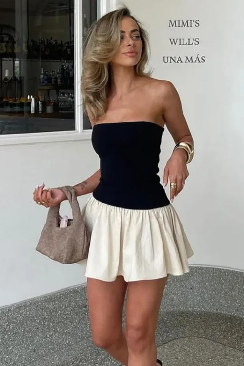 2025 Spring New Women’s Fashion Slim Dress European American Style One-Line Collar Contrasting Color Stitching Pleats Waist