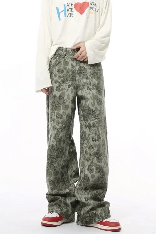 2025 Men’s Denim Street Hip-Hop Pants Autumn New Retro Style Leopard Print Medium Draped Design Breathable