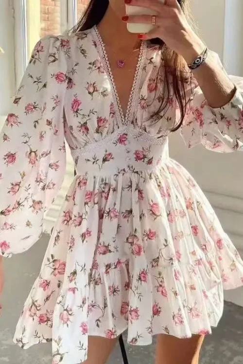 2025 European American Women’s Floral V-Neck Lace Dress New Export Style Sweet Temperament Printed Summer Plain Dyed Short Dress