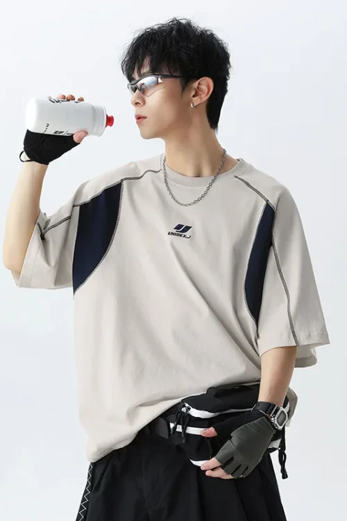 American Trendy Men’s Retro Embroidered Pure Cotton Short-Sleeved T-Shirt Summer New Contrast Color Topstitch 240 Grams