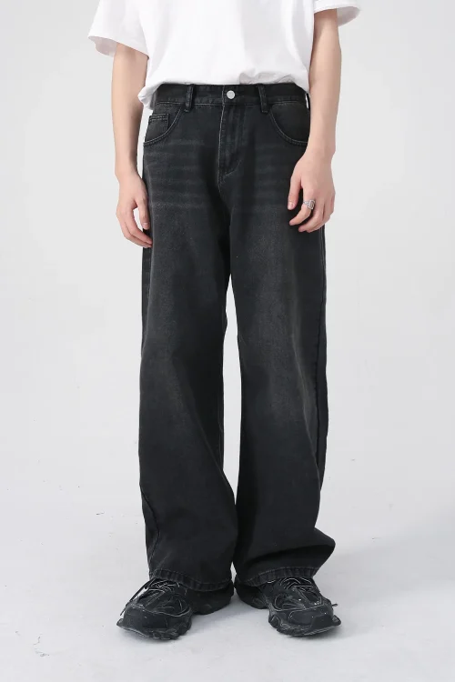 2025 Men’s Stylish Straight-Leg Black Gray Wash Denim Jeans Loose Fit Mid Waist Casual All Year New Product