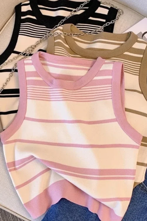 Women’s Summer Casual Style Ice Silk Knitted Spice Girl Camisole Short Sleeveless T-shirt