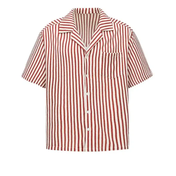 Summer Casual Top Men's Vertical Striped Shirt Trendy Loose Fit Cuban Style Short Sleeve Turn-Down Stand Collar Shirts - Image 6