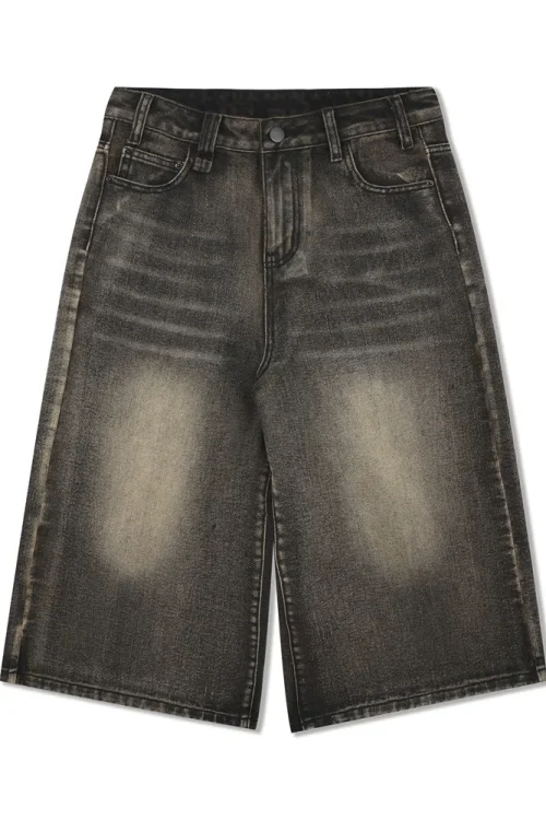 Vintage Washed Men’s Denim Shorts Loose Cropped Streetwear High American Style Casual Straight Over-the-Knee Vibe Knitted Jorts